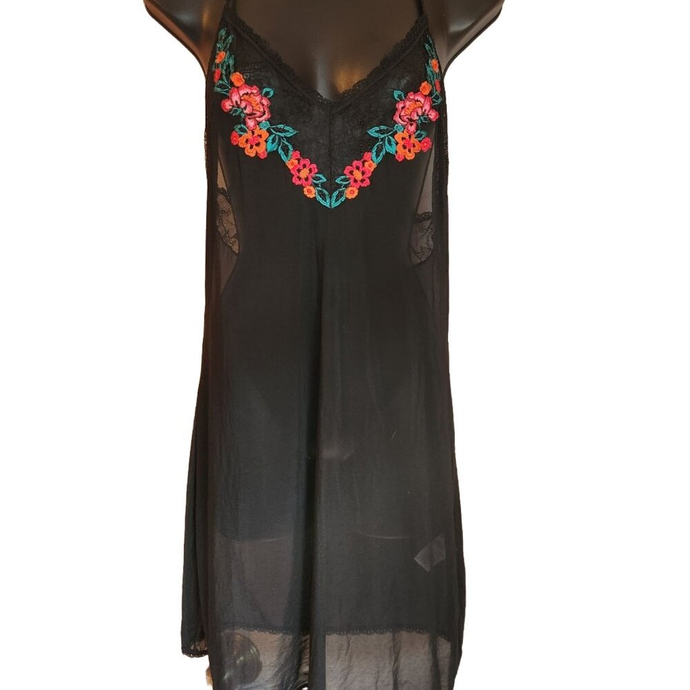 Sheer Black Lace Nightgown With Floral Embroidery & Adjustable Straps By I.N.C.